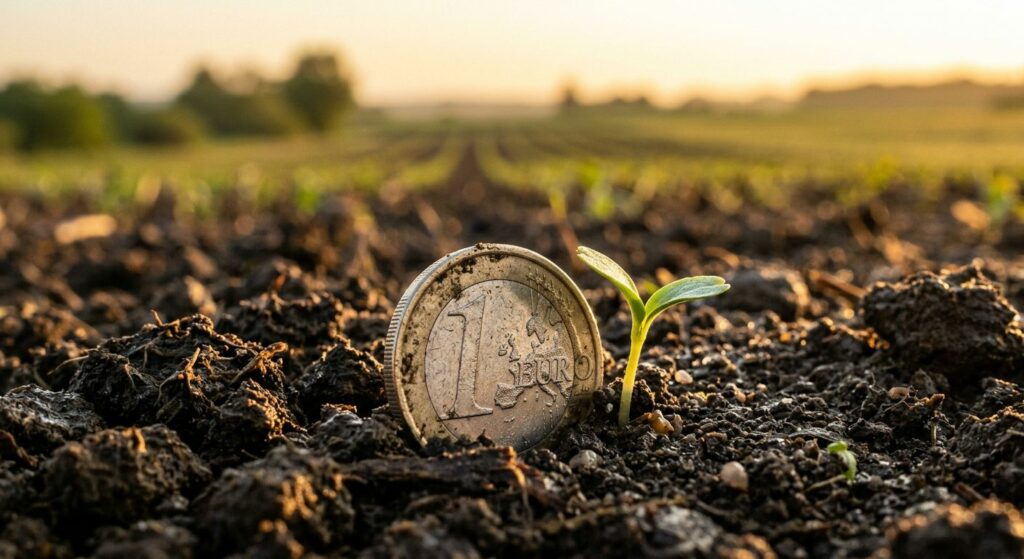 Gros plan sur une pièce de monnaie euro à moitié enfoncée dans la terre cultivée, subvention bâtiment agricole 2026